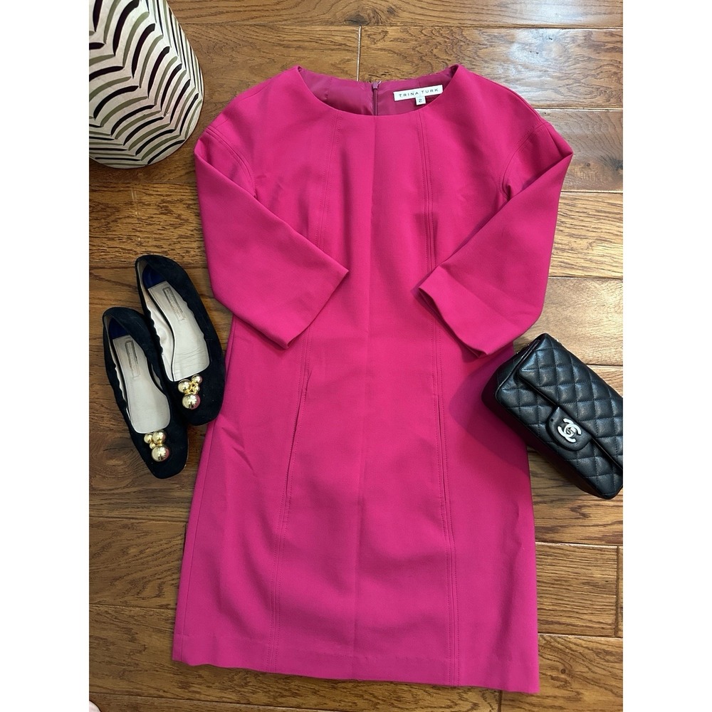 Trina Turk Hot Pink Dress 2 3/4 Sleeve Pockets Magenta Shift Cocktail Career